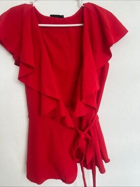 Women’s Red Ruffle Wrap Blouse with Tie Waist